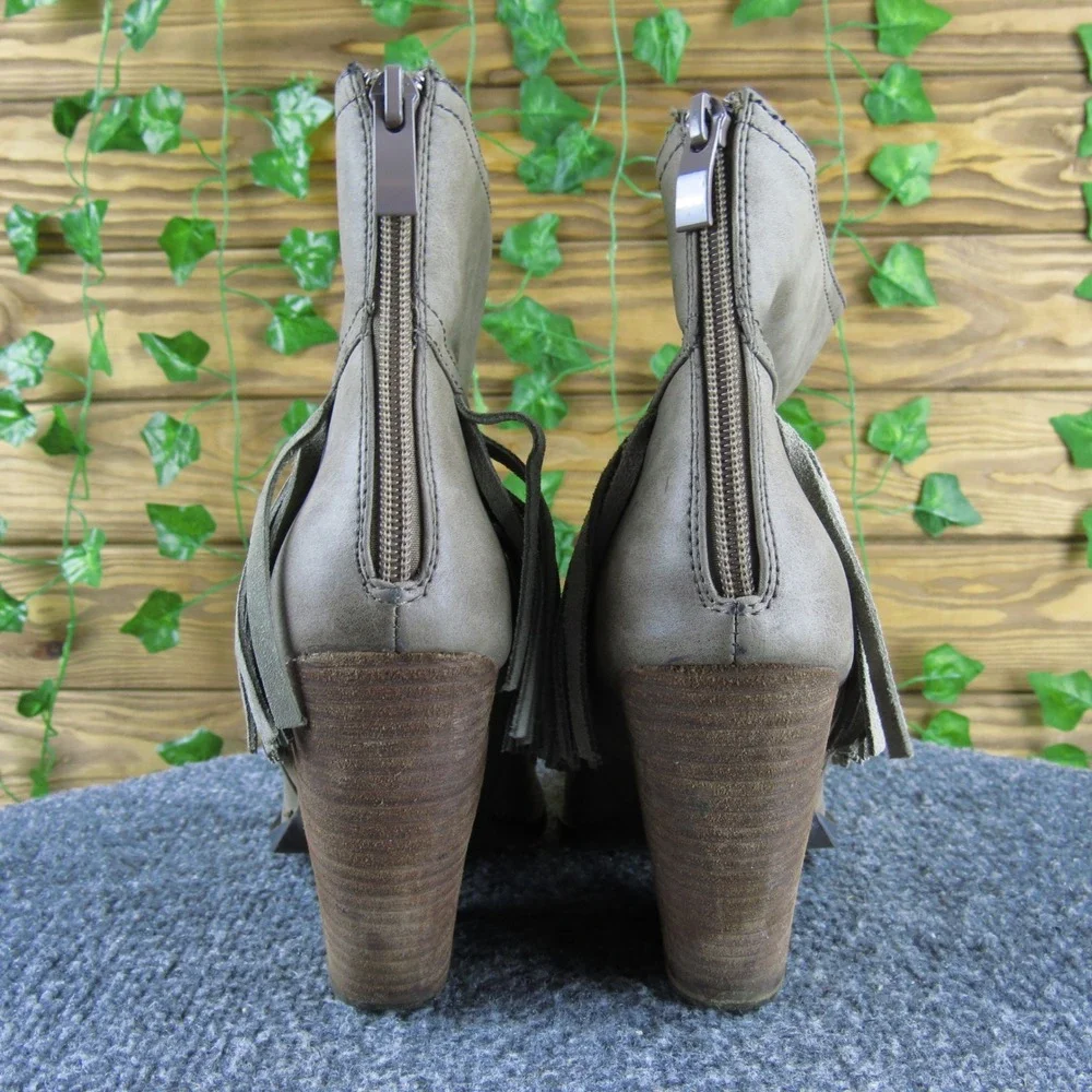 Very Volatile Women 7.5 Taupe Fringe Western Ankle Boot Block Heel Zip Synthetic